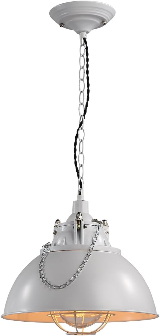 GlanzLight GL-61080,Modern Simple Pendant Lamp White Round,Metal Hanging Light Cage Shade 1 Light,Adjustable Hallway Pendant Light Fixture Iron