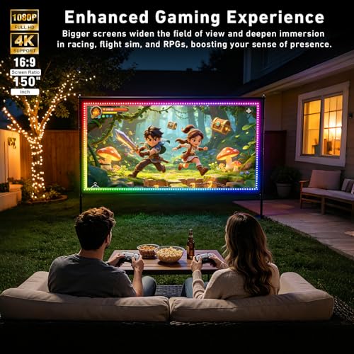 150 inch Projector Screen with Stand, USB String Lights Connection 16:9 4K HD Portable Movie Screen Indoor Outdoor,Wrinkle-Free Foldable Projection Screen for Home Theater Backyard, Office, Travel