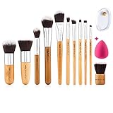NEW 11 Piece Professional Makeup Brush Set with Premium Synthetic Hair and Natural Bamboo handles for Face, Cheeks and Eyes, plus includes a BONUS Complexion Beauty Sponge Blender!