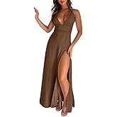 Ekaliy Womens Sexy Halter Deep V Neck Maxi Dress Sleeveless Backless Split Long Dress