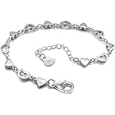 SHIBIDEBAOHUA 925 Sterling Silver Solid & Hollow Heart Link Chain Bracelet for Women, Adjustable 6.7"-7.9" with Lobster Claw Clasp