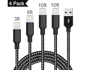 [3ft/6ft/10ft/10ft] 4-Pack Nylon Braided USB Charging Cables for iPhone X/8/8 Plus/7/7 Plus/6s/6s Plus/6/6 Plus/5/5S/5C/SE/iPad/iPod