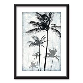 Framed Wall Art - Palm Trees on Retro Style Background - Black Picture Frames with White Matting - 23x31 inches