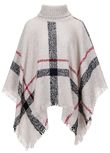 QZUnique Women's Turtleneck Poncho Sweater Knit Cape Pullover Shawl Wrap Tassels Beige