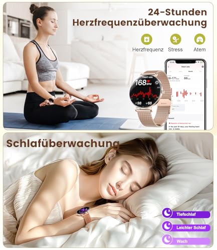 ESFOE Reloj Inteligente Mujer,1.43" AMOLED Smartwatch Mujer con Llamadas/24H Sueño/Pulsómetro/SpO2,Función Femenina 120 Modos Deportivos IP68 Pulsera Actividad Calorías Podómetro Android iOS Oro Rosa
