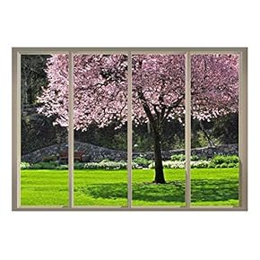 Wall26 - Pink Cherry Blossom Tree on a Japanese Garden with a Bench at The Far End Viewed from Sliding Door - Creative Wall Mural, Peel and Stick Wallpaper, Home Decor - 66x96 inches