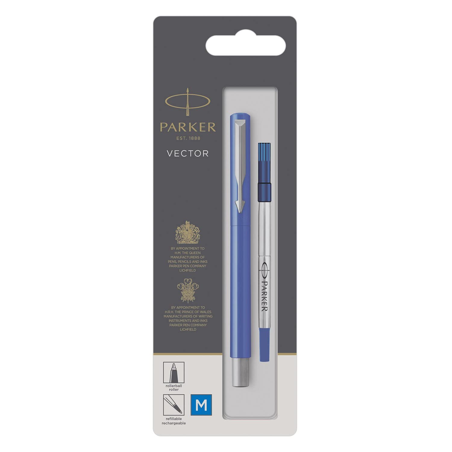 Parker Medium Point Vector Rollerball Pen, Blue with Chrome Trim, Blue Ink, Blister Pack