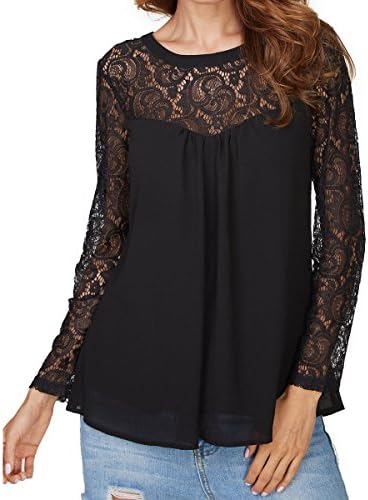 cylyfmia Women's O Neck Casual Tops Lace Long Sleeve Chiffon Blouse Tops (XXL, 1987)
