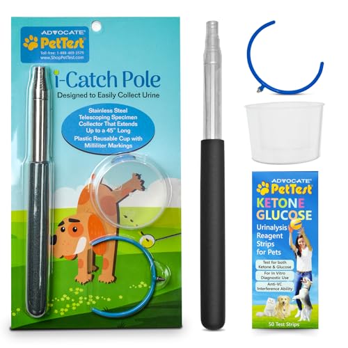 PetTest Pet Ketone and Glucose Test Strips with Urine Catcher Telescoping Pole - 50 Strips for Fast Urine Testing of Cats & Dogs with Extendable Urine Catcher up to 45