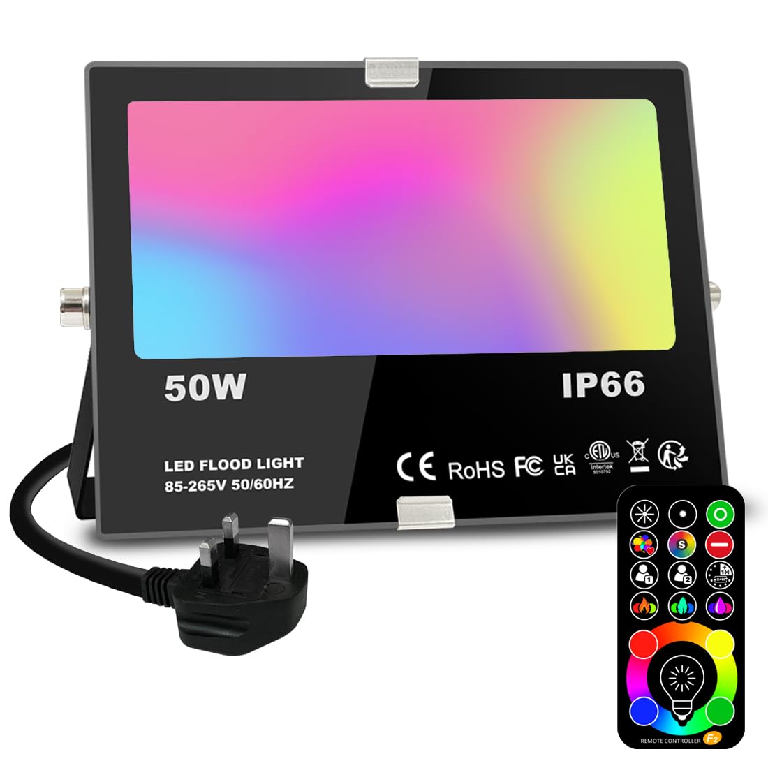 Jayool LED Floodlight Outdoor 50W 5000LM, Flood Lights Colour Changing, 120 RGB Colours- Warm White-Timing-Remote Control - 5 Modes, IP66 Waterproof, UK 3-Plug (1 Pack) — image 1