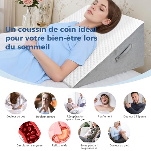 INFANZIA Inclined Cushion for Bed, Triangular Pillow, Ergonomic Memory Foam Pillow for Sleep Apnea Wedge Cushion, Snoring, Acid Reflux (White)