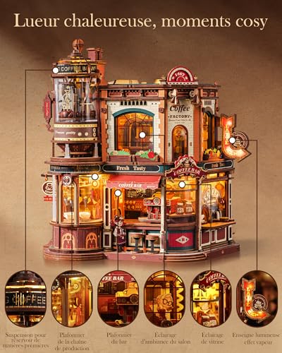 ROBOTIME Wooden 3D Puzzle for Adults to Build - Dream Coffe Factory, Miniature Building Kit with Music, Lights and Animated Scenes, Miniature House/Book Nook Café EAB02