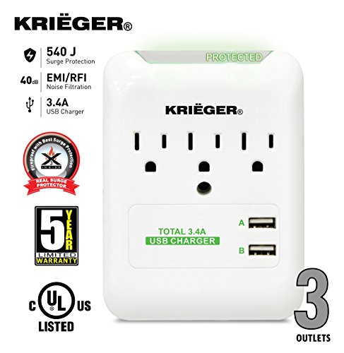 KRIËGER UL 1449 Wall Mount 3 Outlet 540J Advanced Fireproof Surge protector - Dual USB Ports (3.4A max) fast charge your Iphones, android galaxy, Samsung, ipad tablet and more