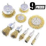 Swpeet 9Pcs Brass Coated Wire Brush Wheel & Cup Brush Set with 1/4-Inch Shank, 9 Sizes Coated Wire Drill Brush Set Perfect For Removal of Rust/Corrosion/Paint - Reduced Wire Breakage and Longer Life