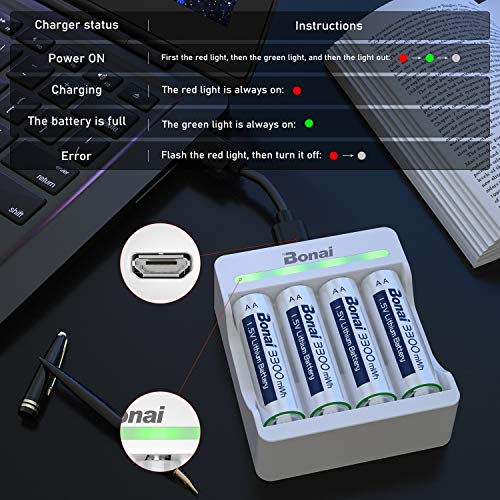 BONAI AA Lithium Rechargeable Batteries with Charger, 1.5V 3300mWh