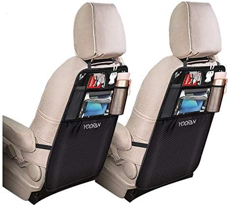 Car Organiser - 2 Pack Car Seat Back Protectors Waterproof Car Kick Mats with 10" Clear Touch Screen IPAD Tablet Holder, Cup Holder, Backseat Tidy Organizers Cover For Kid's Toys Snacks (Black)