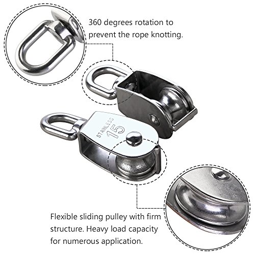 HUICAO 2Pcs M15 Silver Single Pulley Block 304 Stainless Steel Single Wheel Wirerope Traction Trolley Crane Swivel Hook Pulley Roller Loading 35kg