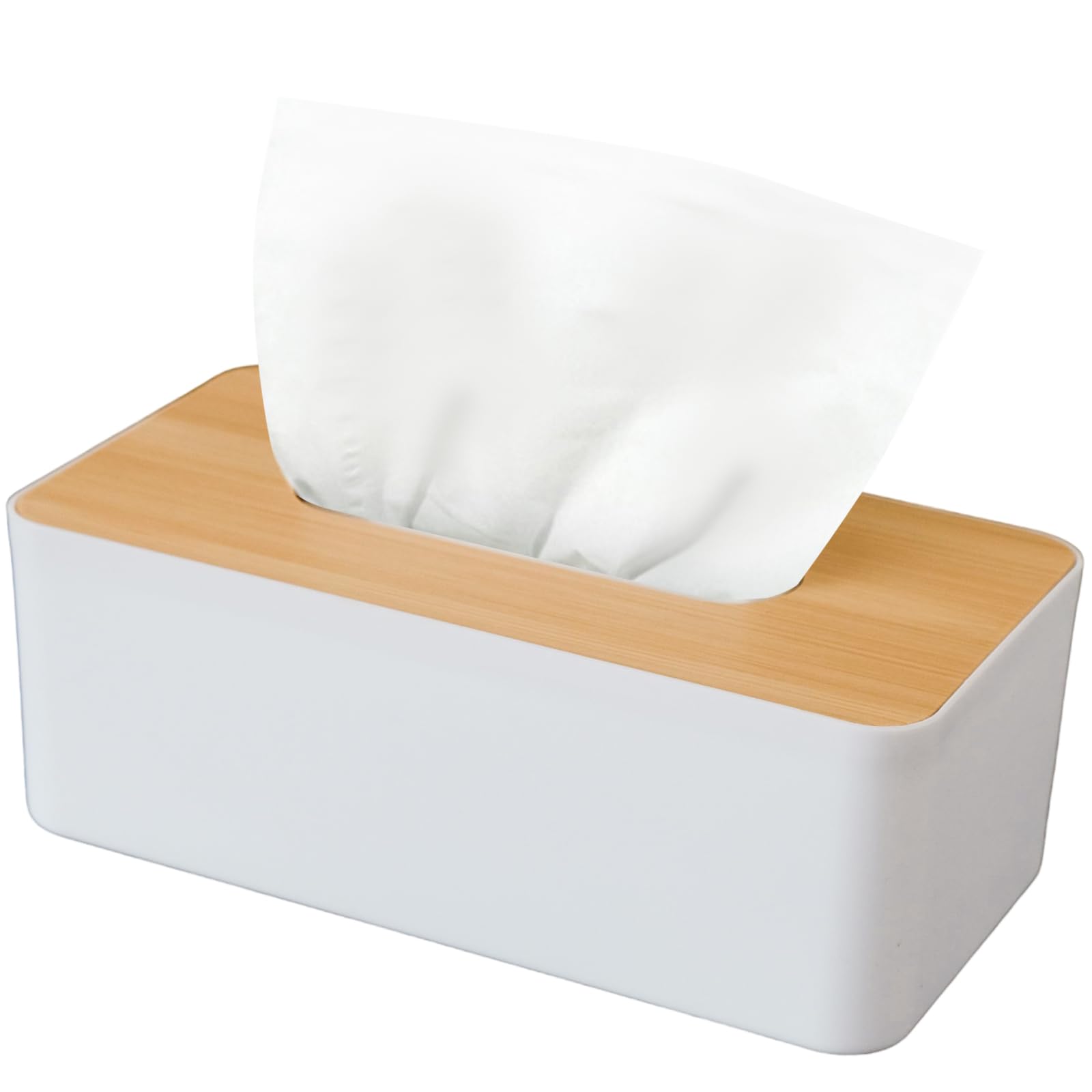 Photo 1 of Tissue Box Cover, Rectangle Tissue Box Holder with Bamboo Cover Plate for Bathroom Bedroom, Decorative Tissue Box Covers for Home Decor Office, White