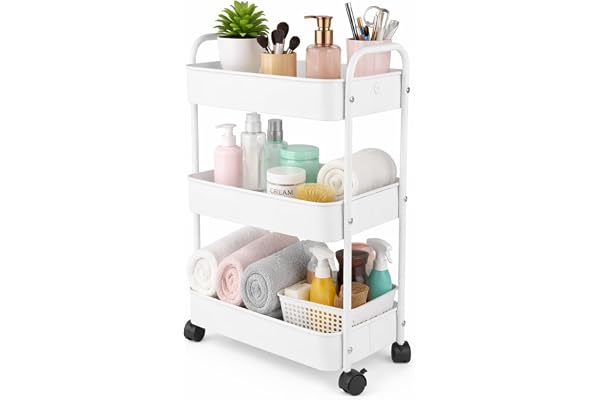 3-Tier All Metal Rolling Cart with Lockable Wheels, Multifunctional Storage Mobile Shelving Unit, Metal Mesh Basket Storage O