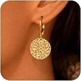 ALEXCRAFT 925 Sterling Silver Dangle Earrings for Women, 14K Gold Plated Geometric Flat Round Disc Hammered Coin Drop Earring Hypoallergenic Lightweight Leverback Earrings for Women Trendy Jewelry