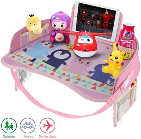 Kids Travel Tray Car Seat Activity and Play Tray Organizer for Children and Toddlers Lap Desk with Tablet Phone Holder Waterproof and Foldable - Pink