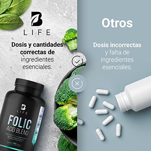 Ácido Fólico de 240 Cápsulas con Brócoli y Espinaca. Ingredientes Naturales. Folic Acid Blend B Life.