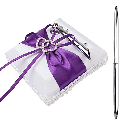 Wedding Flower Girl Basket and Ring Bearer Pillow Set, Purple Satin, Ring Pillow + Flower Girl Basket + Wedding Guest Book +Pen Set + Garter Cover - Thumbnail 4