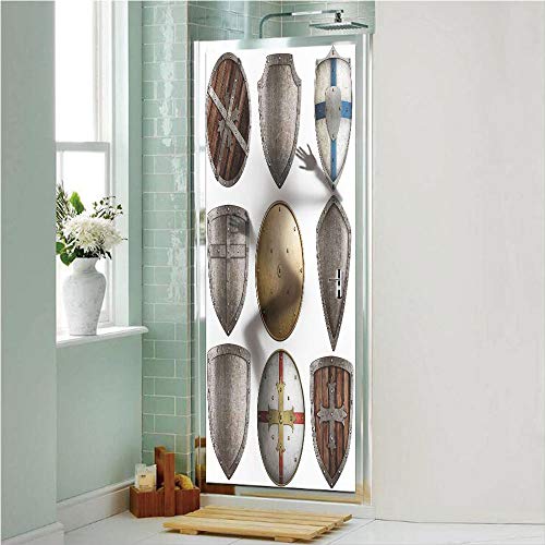 Decorative Privacy Window Film/Shields Set Triangle Cross Pattern Ancient Weapon Protection Rustic Design/No-Glue Self Static Cling for Home Bedroom Bathroom Kitchen Office Decor Grey and Gold