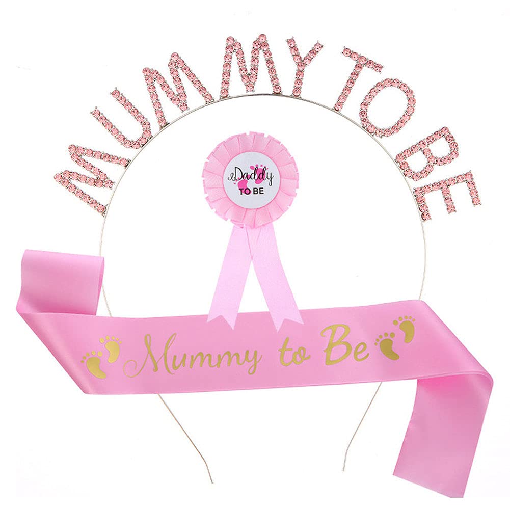 Camelliass Mummy To Be Sash and Tiara, Daddy to Be Badge, Rhinestone Mummy To Be Crown Headband Satin Sash for Baby Shower Party Decoration Gifts (Pink)