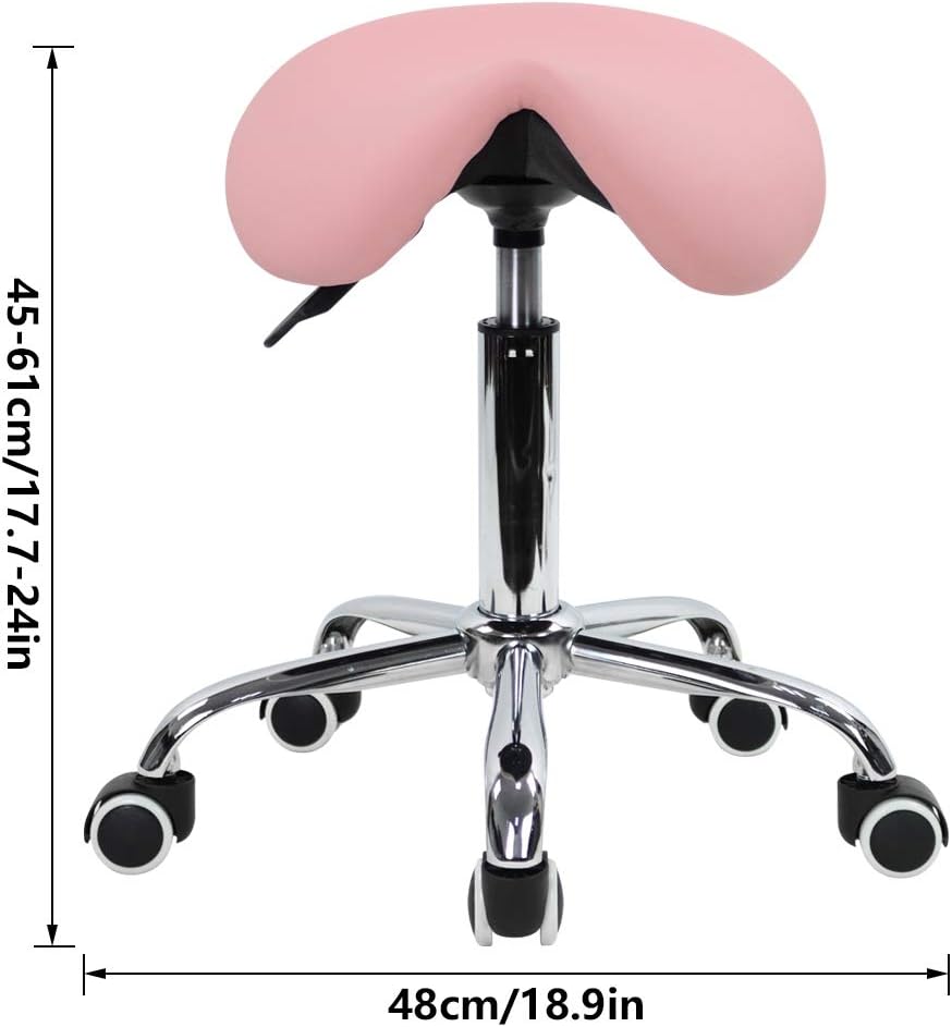 KKTONER Rolling Saddle Stool PU Leather Swivel Adjustable Rolling Stool with Wheels Salon Chair (Pink): Kitchen & Dining