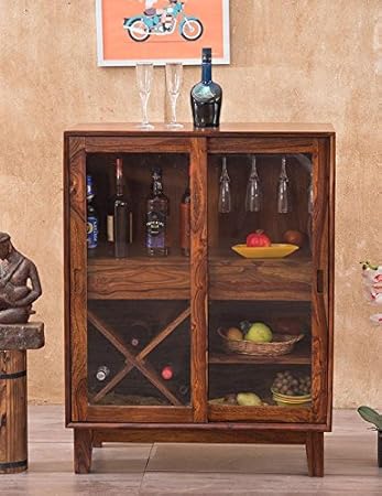 Mamta Decoration Wooden Stylish Liquer Bar Cabinet with Wine Glass Storage for Home | Bar Furniture | Honey Finish