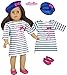 Sophia's 3 Piece Parisian Outfit with Striped Eiffel Tower Dress, Velour Beret Cap and Suede Ballet Flats for 18 Inch Dolls, Blue/Pink
