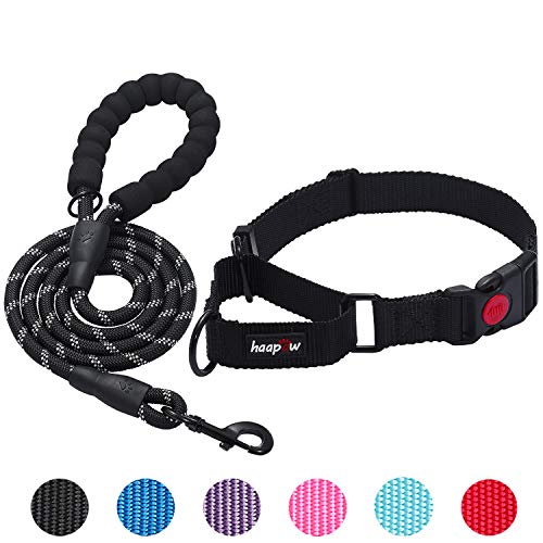 haapaw 2 Packs Martingale Dog Collar with Quick Release Buckle Reflective Dog Training Collars for Small Medium Large Dogs (Collar+Leash, M Neck 14″-16.5″, Black+Black, 2 Packs)