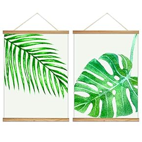 2 Panel Hanging Poster with Wood Frames - Watercolro Painting Style Large Tropical Leaves - Ready to Hang Decorative Wall Art - 18"x24" x 2 Panels