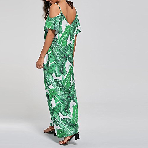 Mysky Summer Women Casual Leaf Print Short Sleeve Long Dress Ladies Popular Off The Shoulder Beach Sling Loose Dress Green