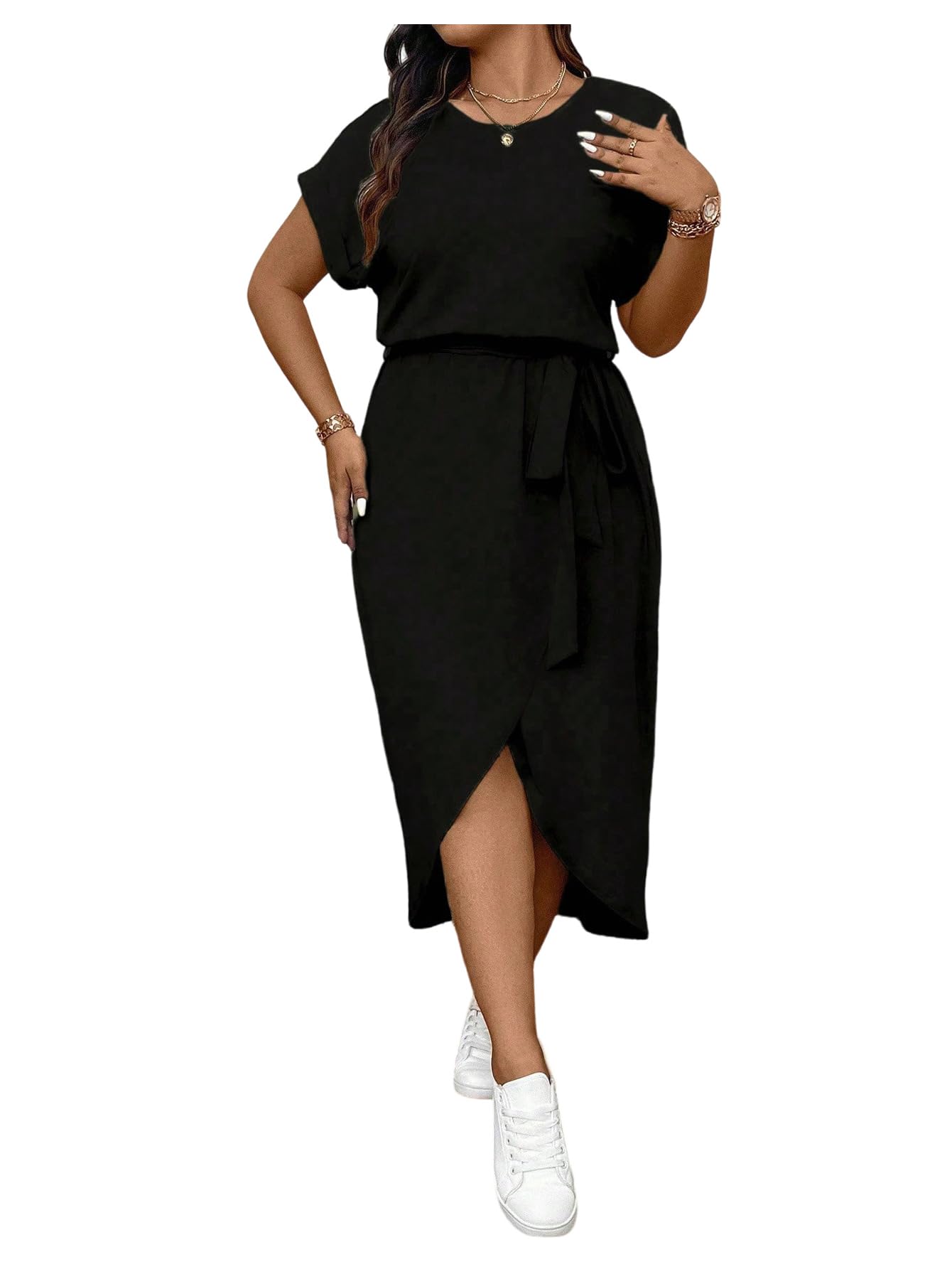 Photo 1 of SweatyRocks Women's Plus Size Wrap Long Dress Dolman Sleeve Crew Neck Belted Casual Dresses Black 3X-Large Plus