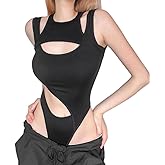 Sexy Hollow Out Women Bodysuit Summer Streetwear Outfit Gothic Jumpsuit T Shirt Short Sleeve Sleeveless (SIZE:Small)