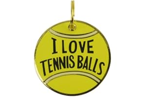 Primitives by Kathy Pet Collar Charm - I Love Tennis Balls, 1 1/4 inches, Golden, Green, Metal, Enamel, Paper, Unique, hand-illustrated 'I Love Tennis Balls' design, with safe-to-engrave back