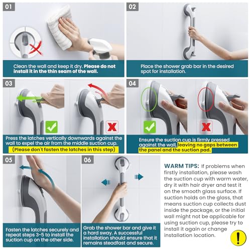 TAILI Shower Suction Cup Grab Bar Bathtubs Handrails for Seniors Elderly, No Drilling Waterproof, Grey, 2 Pack, 16 Inch