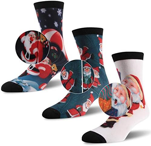 Christmas Printed Socks, Three street Fun Colorful Holiday Festive, Unisex Christmas Design Crew Dress Socks