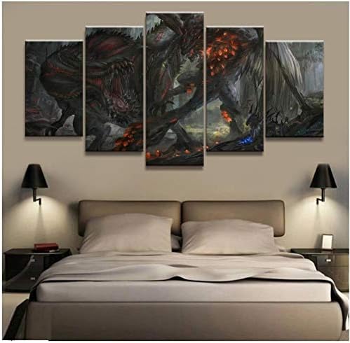 Junewind Canvas Painting Home Decor Modular Canvas Picture 5 Piece Devilgho Monster Hunter Game Painting Poster Wall for Home Canvas Painting-Size