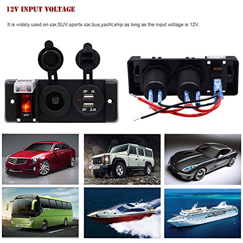 Dual USB Charger Socket Panel,elecfan Waterproof 12V 3.1A Cigarette Lighter Adapter with Switch for Car Boat Marine Vehicle Motorcycle ATV for iPhone XS Max/XR/7/8 Samsung Galaxy Note 9 - Black