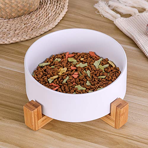 White Ceramic Dog Bowls with Wood Stand, Dog Water Bowls and Food Dish
