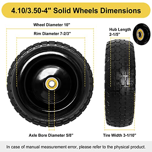 4.10/3.50-4 Tire and Wheel for Gorilla Cart - 10" Flat Free Tires for Hand Truck, Dolly, Snowblower, Generator, Garden Cart, Wagon, Trolley, Wheelbarrow, Solid Rubber Tires Without Flat Spots, 2 Pack(Discount Code:20YI147F)