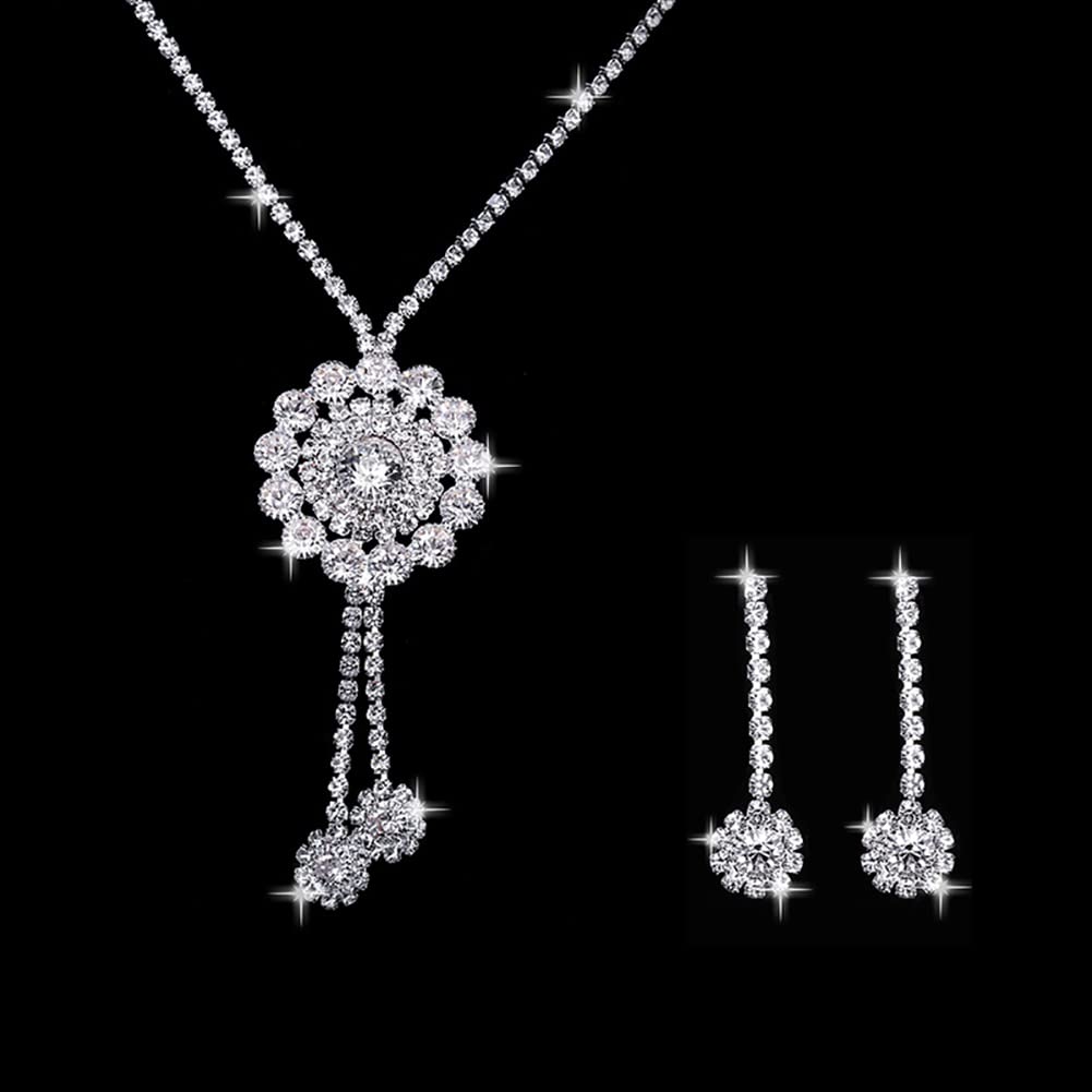 Wedity Bride Wedding Sun Flower Crystal Necklace Earrings Set Silver Bridal Choker Necklaces Rhinestone Pendant Jewelry
