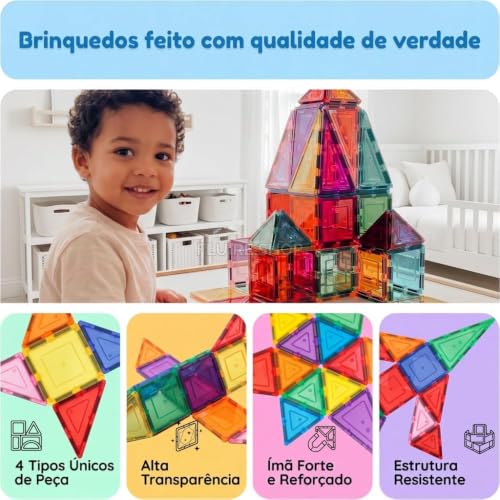 Blocos Magneticos Infantil de Montar Peças, Brinquedo Educativo Construção Infantil 2D, 3D, Jogo Pedagógico para Coordenação Motora, Raciocínio Lógico, Criatividade e Aprendizado STEM (56 peças)