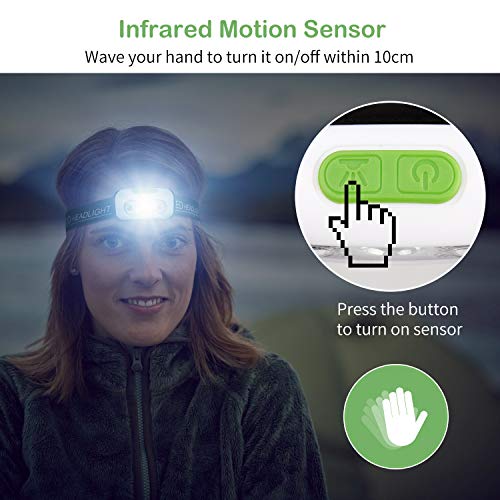 HIMETSUYA Headlamp Flashlight, Led Headlamps Rechargeable Headlight [2 Pack] 500 Lumen IPX6 Waterproof With Motion Sensor Mode, for Outdoor, Camping, Running, Hiking -Built-in Battery(2 Pack) - Thumbnail 3