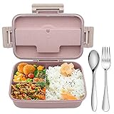 Bento Box for Kids Bento Box for Adults, lunch box with 3 Compartments, Wheat Straw Leakproof Microwave Safe Lunch Box Food Container(Stainless Spoon Fork Included,Pink)