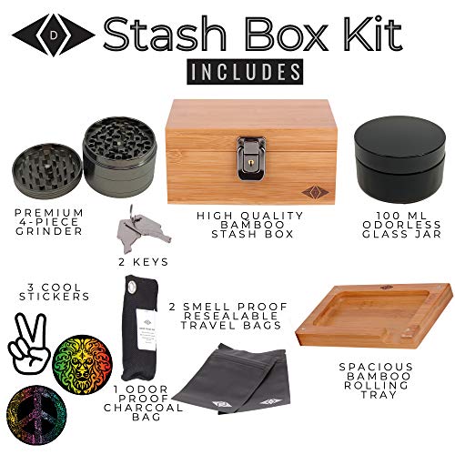 Premium Stash Box Kit with Lock - and Bamboo Wood Rolling Tray Combo, 100 mL Airtight UV Smell Proof Jar, Premium Grinder with Magnetic Lid, Charcoal Bag, 2 Discreet Odorless Resealable Bags
