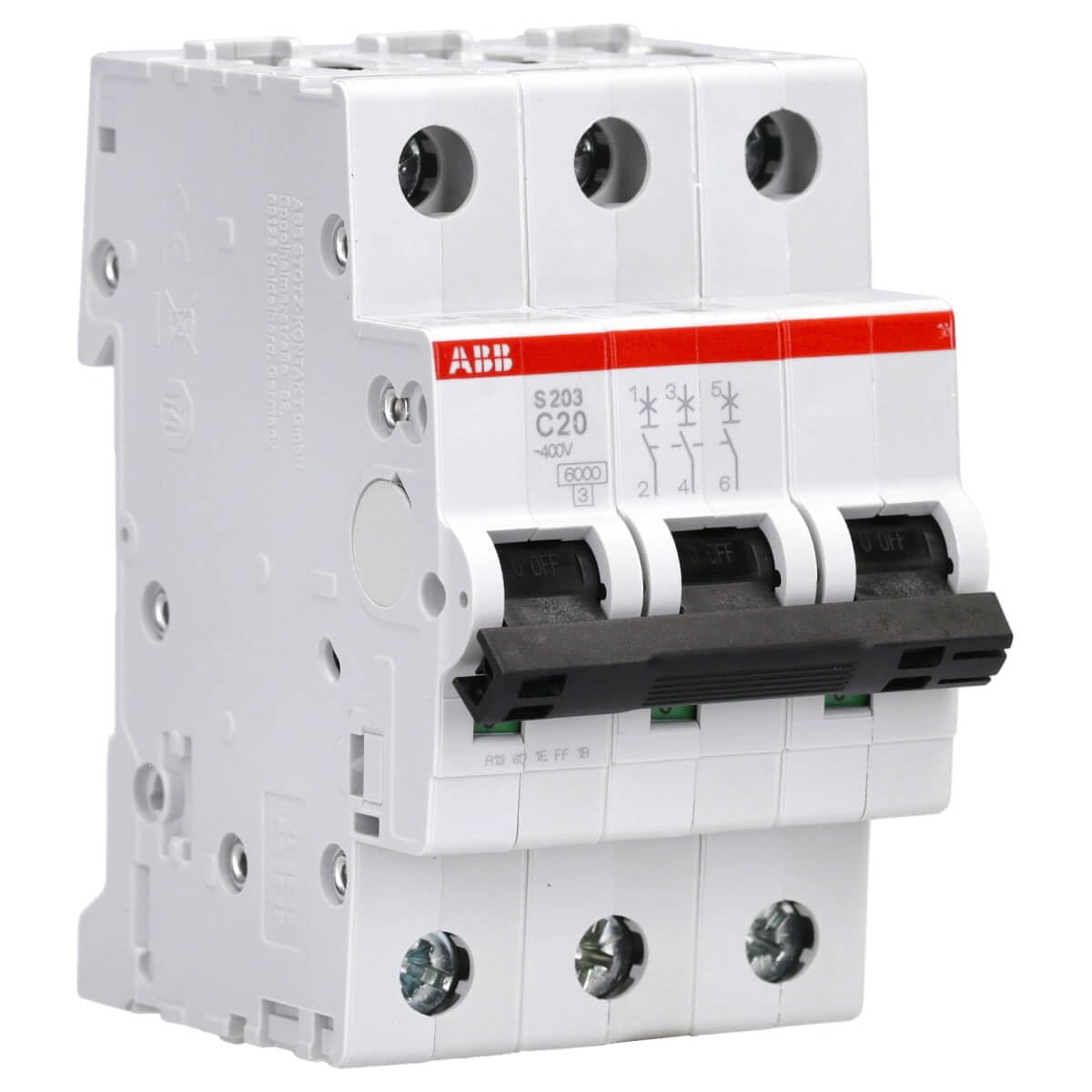 ABB S203-C20 Miniature Circuit Breaker, 3 Pole, Type C, 6/10kA Breaking Capacity, 20 Amp Current (2CDS253001R0204)